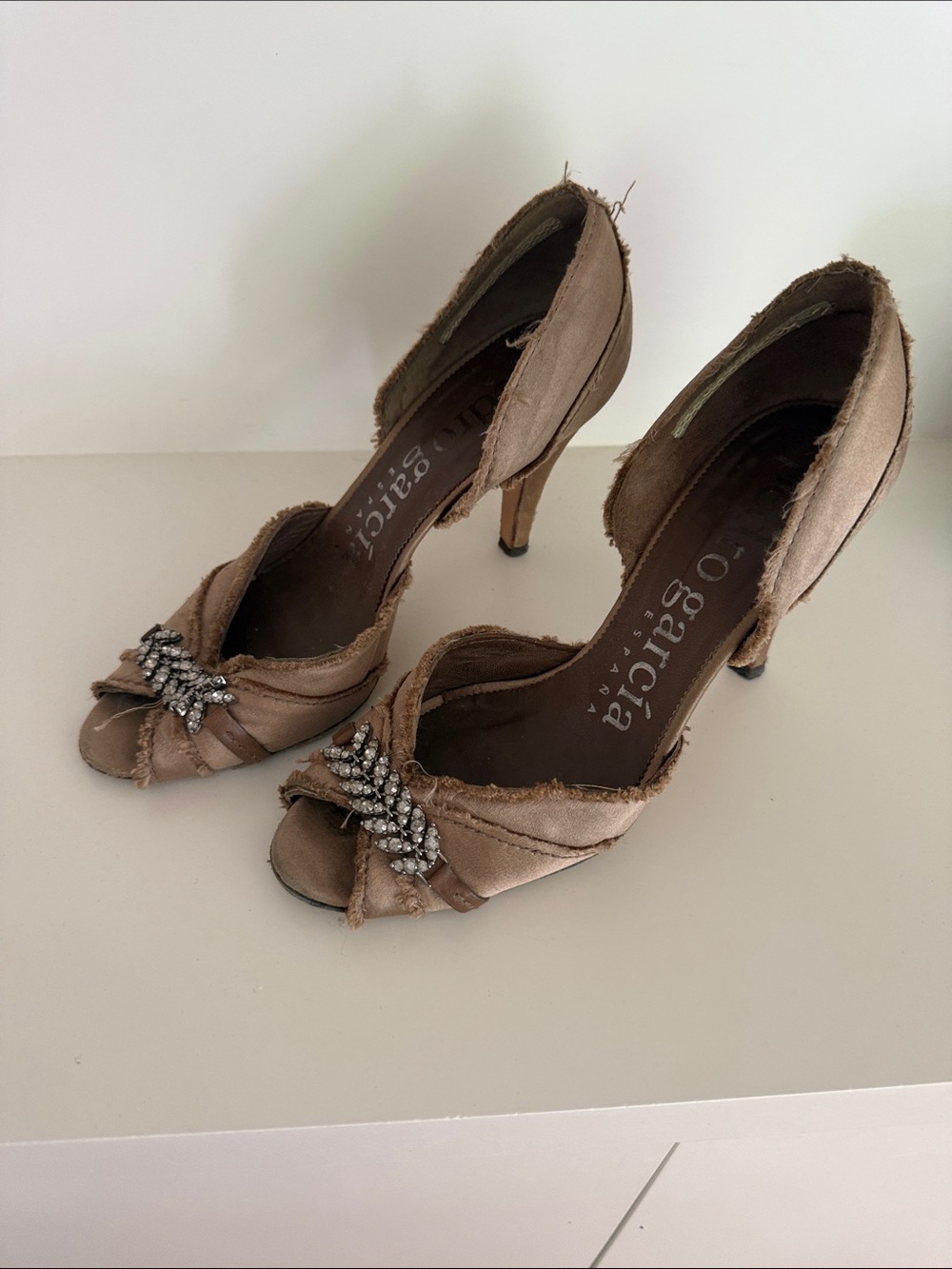 Pedro Garcia Taupe Satin Peep-Toe Heels with Crystal Brooch